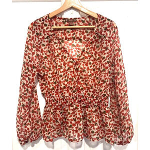 DMBM Red Sheer Floral V-Neck Pullover Shirt Top Blouse women's size Medium
